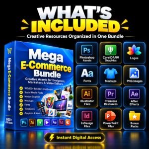 Explore a graphic design and video editing resource bundle with templates, mockups, fonts, vectors and motion graphics. Delivered as a PDF access guide.